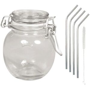 Bocal verre avec couvercle + 4 pailles en inox Youdoit