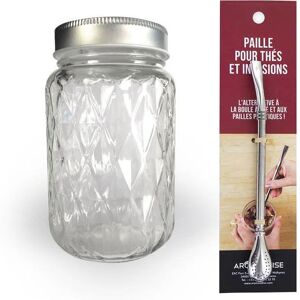 Bocal Mason Jar avec couvercle 37,5 cl diamant + paille inox avec filtre Youdoit