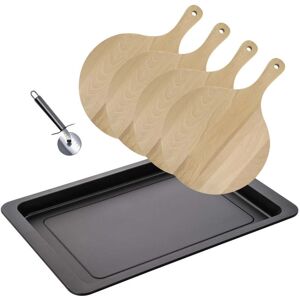 Ensemble pour pizza avec une plaque de cuisson four, 4 planches à pizza rondes et une roulette à