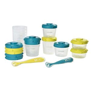 Béaba , Lot de 12 Portions Conservation et 2 Cuillères Silicone, Clip, Pots empilables et clipsables, 100% hermétique, Graduation, Congélation, 2x60 ml & 4x120 ml & 6x200ml, Bleu/Néon - Publicité