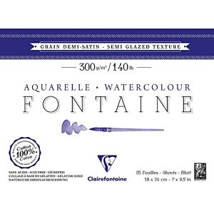 Clairefontaine 96405C Bloc Encollé 4 Côtés Fontaine 25 Feuilles Papier Aquarelle Blanc 100% Coton Grain Demi-Satiné Qualité Professionnelle 18x24 cm 300g - Publicité