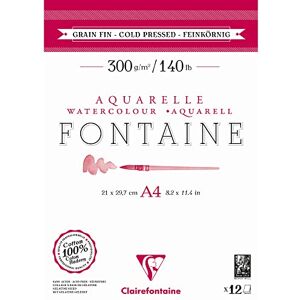 Clairefontaine 975947C Bloc Encollé 2 Côtés Fontaine 12 Feuilles Papier Aquarelle Blanc 100% Coton Grain Fin Qualité Professionnelle A4 21x29,7 cm 300g - Publicité