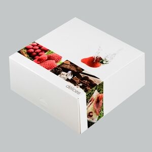 Boîte pâtissière décor Délices 280x280x80mm x125 JORIDEAL - Publicité