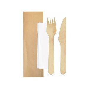 García de Pou 100 Unités - Set Fourchette, Couteau, Serviette Sous Sachets Kraft 'Makan' 16 Cm Naturel Bois - Garcia de Pou