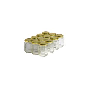 Apiculture.net - Matériel apicole français 12 pots verre hexagonaux 250g (196 ml) avec couvercles TO 58 - Doré69 mm