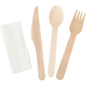 Dynasteel Kit de 4 Pieces - Couverts en Bois : Couteau, Fourchette, Grande Cuillere, Serviette - Lot de 500