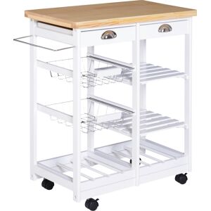 Homcom Carrello da Cucina con Ruote Cassetti e Portabottiglie Carrello Portabottiglie in Legno Bianco 74x37x76cm