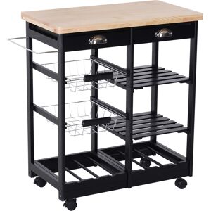 Homcom Carrello Cucina Portafrutta con Ruote Cassetti e Portabottiglie Salvaspazio in Legno MultifunzioneNero 74x37x76cm Aosom.it