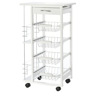 Homcom Carrello da Cucina Salvaspazio in Legno Bianco con 1 Piano di Lavoro 1 Cassetto e 4 Cestelli Metallici 47x37x83cm