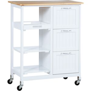 Homcom Carrello da Cucina con 3 Cassetti, 2 Ripiani Aperti e Vassoio Rimovibile, in MDF e Legno di Pino, 67x37x84 cm