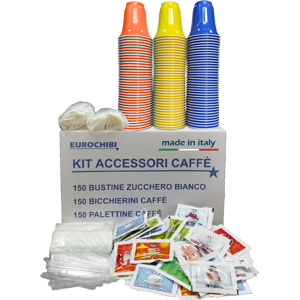 Eurochibi Kit Accessori Caffè Con 150 Bustine Di Zucchero + 150 Bicchierini + 150 Palettine - ® Linea Alta Qualità