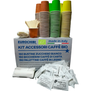 Eurochibi Kit Accessori Caffè Bio Con 150 Bustine Di Zucchero + 150 Bicchierini Di Carta + 150 Palettine In Legno - ® Linea Biodegradabile Compostabile Riciclabile