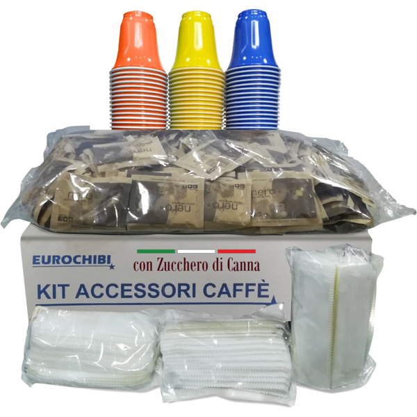 eurochibi kit accessori caffè con 150 bustine di zucchero di canna + 150 bicchierini + 150 palettine - ® linea alta qualità