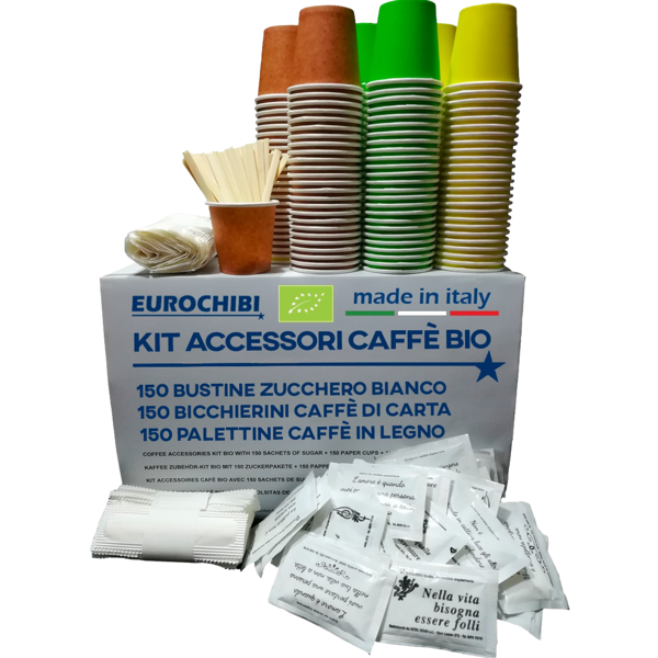 eurochibi kit accessori caffè bio con 150 bustine di zucchero + 150 bicchierini di carta + 150 palettine in legno - ® linea biodegradabile compostabile riciclabile