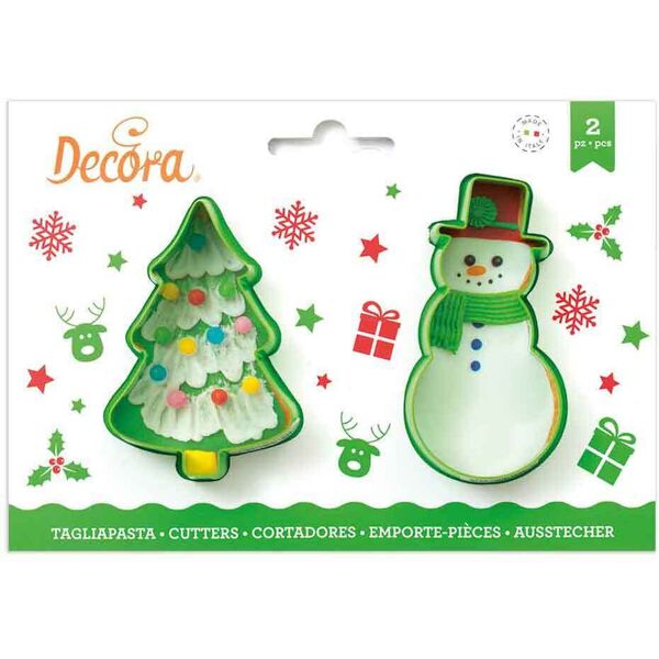 decora set 2 cutters tagliapasta in plastica albero di natale e pupazzo di neve