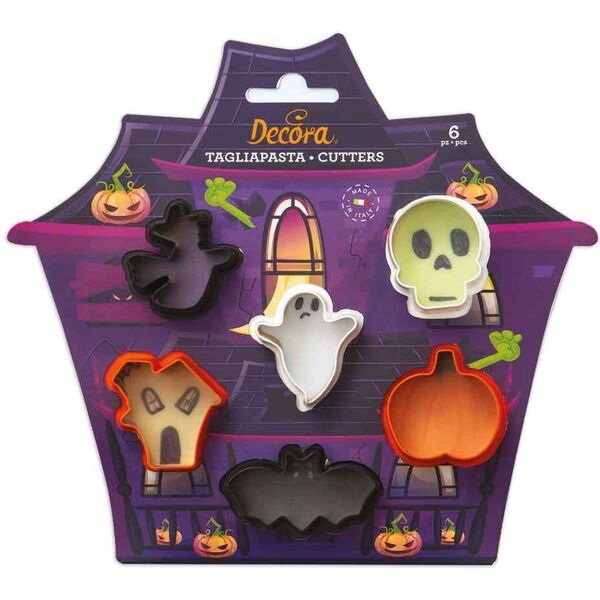 decora set 6 mini cutters tagliapasta in plastica personaggi halloween