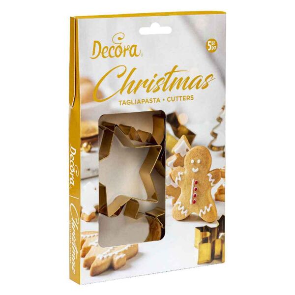 decora set 5 cutters tagliapasta in acciaio dorato tema natale con personaggi assortiti