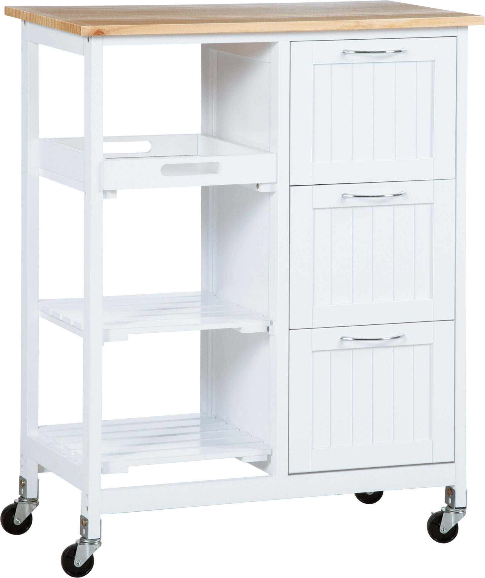 Homcom Carrello da Cucina con 3 Cassetti, 2 Ripiani Aperti e Vassoio Rimovibile, in MDF e Legno di Pino, 67x37x84 cm