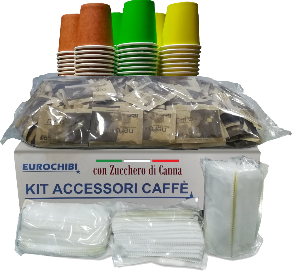 Eurochibi Kit Accessori Caffè Con 150 Bustine Di Zucchero Di Canna + 150 Bicchierini + 150 Palettine - ® Linea Alta Qualità