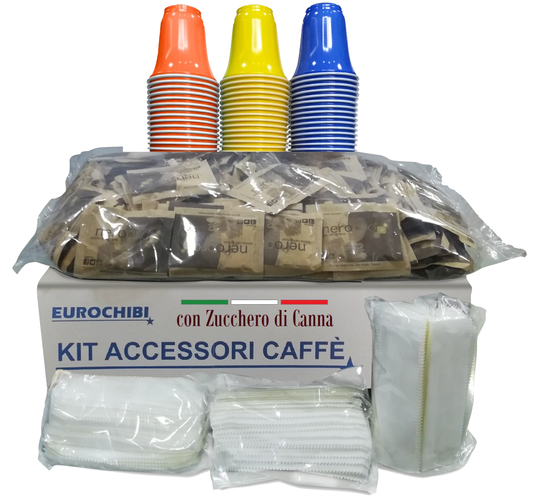Eurochibi Kit Accessori Caffè Con 150 Bustine Di Zucchero Di Canna + 150 Bicchierini + 150 Palettine - ® Linea Alta Qualità