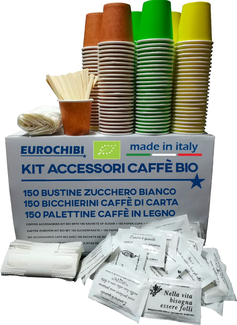 Eurochibi Kit Accessori Caffè Bio Con 150 Bustine Di Zucchero + 150 Bicchierini Di Carta + 150 Palettine In Legno - ® Linea Biodegradabile Compostabile Riciclabile