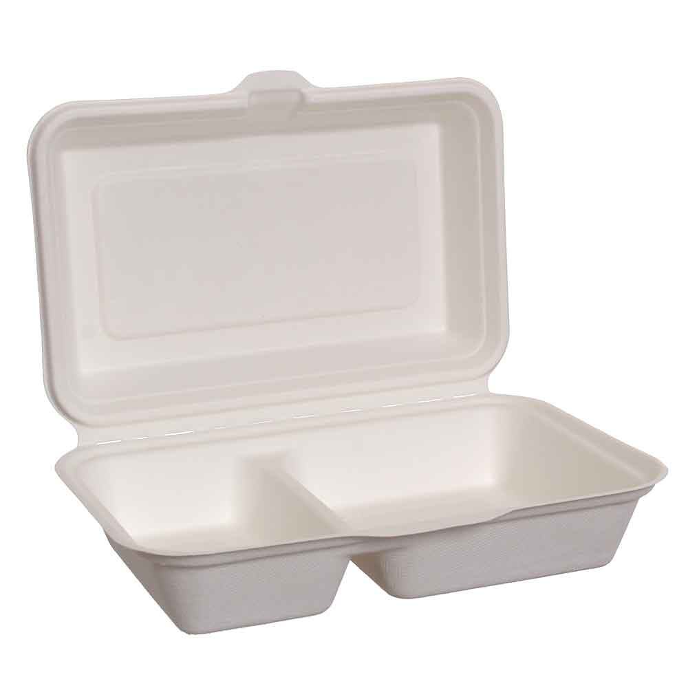 UsoBio 25 Box Con Coperchio Per Asporto 2 Scomparti Compostabili 15,5x23,5xh7cm