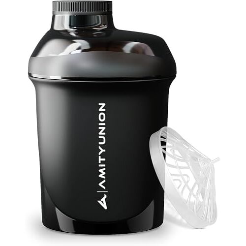 AMITYUNION Protein shaker 400 ml met zeef en eiwitshaker, kleine proteïne-shaker, lekvrij, BPA-vrij, met schaal voor romige wei-eiwitpoedershakes, eiwiteiwitshakes, eiwitten, BCAA-concentraten in