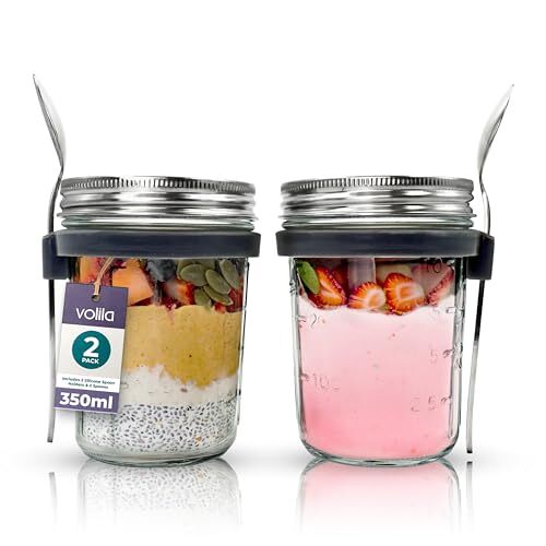 volila Glazen potten voor ontbijt (330 ml) overnight oats potten, voorraadpotten glas, mason jar met luchtdichte deksel en lepel (2 stukjes – zilver) – food container, overnight oats container