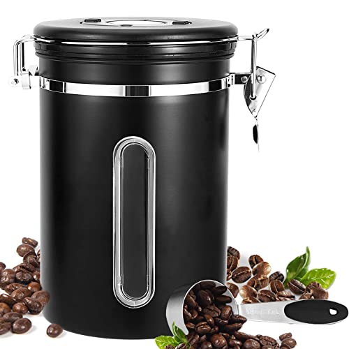 Royouzi Koffieblikken, luchtdicht, 1,8 l/1800 ml, roestvrij staal, koffiebonen, houder met schep, vacuüm voor koffiebonen, opbergdoos, zwart