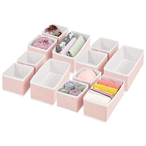 mDesign Set van 12 opbergdozen voor kledingkasten, stoffen opbergbakken met structuurprint voor kleding en accessoires, slaapkameropbergkasten voor lade-organisatie roze/wit