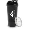 AMITYUNION Protein Shaker Midnight Black 700 ml FYRA lekvrij BPA-vrij met poedervak ​​en zeef en schaal voor romige BCAA-shakes, shaker proteïne shake cups, proteïne shaker voor isolaten en wei-eiwit