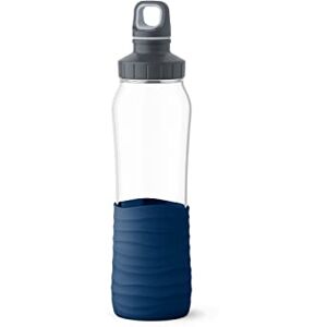 Emsa N31006 Drink2Go Glass Drinking Bottle Capacity 0.7 Litres Screw Cap 100% Leak-Proof Dishwasher Safe Dark Blue