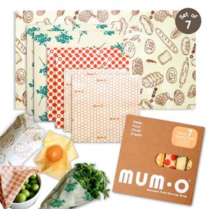 MUMO Beeswax Wraps Assorted Set of 7 (2S, 2M, 2L, 1XL) Family Pack Reusable Food Storage Wraps – Sustainable, Zero Waste Kitchen – Plastic Free Bowl Cover