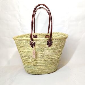 Nature & Traditions Moroccan Handmade Hay Shoulder Market Shopping Basket Long Leather Handles