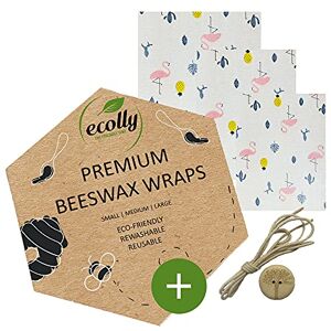 ecolly Premium Beeswax Wraps - Set of 3 (S, M, L), Beeswax Wipes, Beeswax Paper, Free of plastic & reusable, incl. wooden button & cotton thread - Tropical