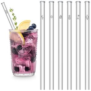 HÅLM Glass Straws – Summer Edition with Engraving – Pack of 6 Straight 20 cm – Summer Straws – Reusable Glass Drinking Straws – Includes Plastic-Free Cleaning Brush – Glass Straws