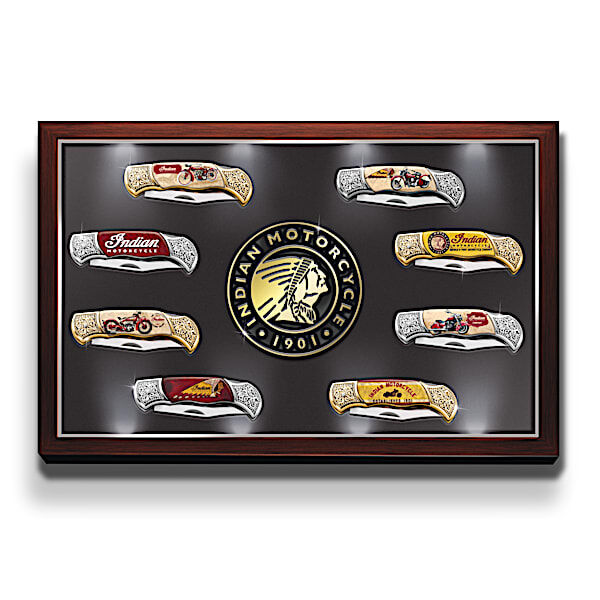 The Bradford Exchange Indian Motorcycle Folding Pocket Knife Collection: Display Case Lights Up