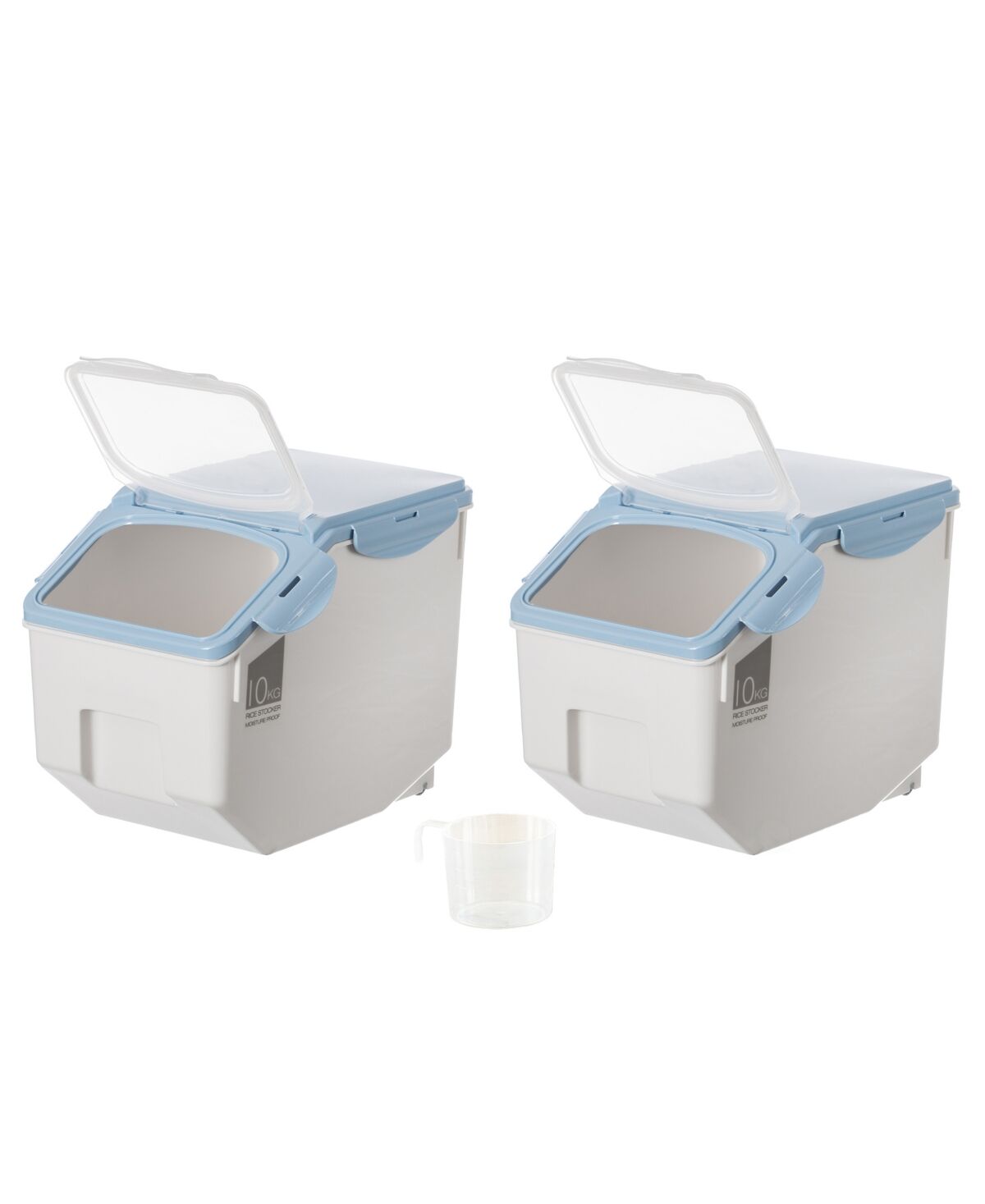 Basicwise Medium Plastic Storage Food Holder Containers with a Measuring Cup and Wheels, Set of 3 - White
