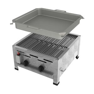 ChattenGlut Professional Gastrobräter 2-flammig Tischgerät 9,0 kW mit Gewerberegler und SBS 480x530x270mm mit Rost und Pfanne