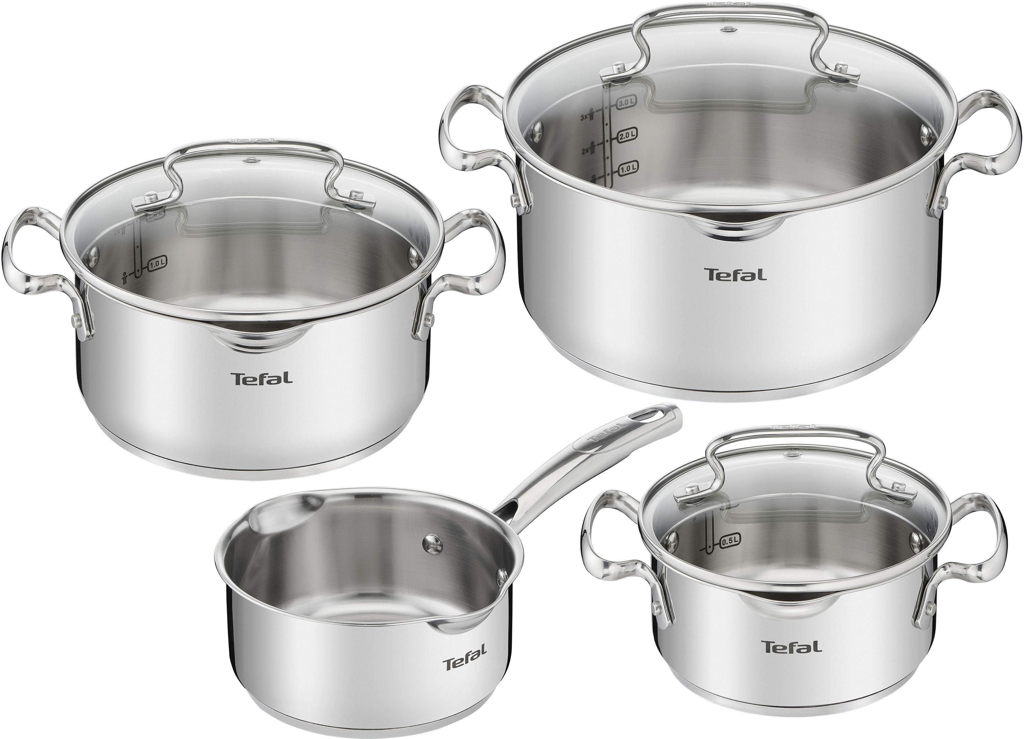 Topf-Set TEFAL "Duetto+ G719S7" Töpfe grau (edelstahl) Topfsets hochwertiger Edelstahl, hochglanzpoliert, Glasdeckel mit Siebfunktion