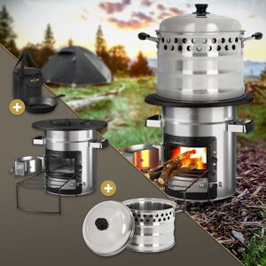 Bbq#boss - bbqboss Four-fusée avec Poêle à Griller, en Fonte, Réchaud de Camping à Bois, avec Sac de Transport, Argent, Marmite en Acier Inoxydable ø 24cm, 6,8 l, Support à Bois, Four de Camping bbq, Dutch Oven - Publicité