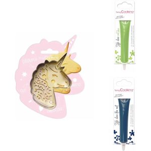 Kit pour biscuit en relief Licorne + 2 Stylos au chocolat vert clair et bleu nuit Scrapcooking