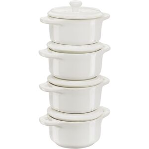 Set Cocotte In Ceramica Polvere Ceramica 4 Pezzi, Rotonde 10 Cm, Bianco Avorio