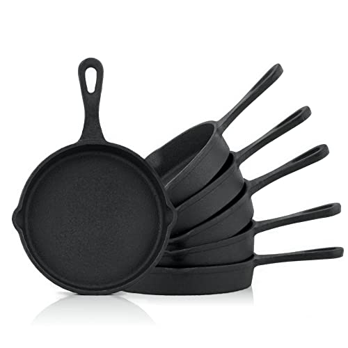 BBQ-Toro Gietijzeren grillpannetjes (set van 6 12,5 cm   reeds ingebrand preseasoned   gietijzeren grillpannen, pannetjes, serveerpan, grillpan, gietijzeren pan, incl. 2 schenktuit aan de rand