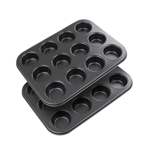 YOUNTHYE Muffinvorm, kleine muffinvorm, 12 stuks, roestvrij staal, zwart, voor muffins, kleine muffins bakvorm, koolstofstaal, 26 x 20 cm, muffinbakvormen, mini voor cupcakes, brownies, cake, pudding