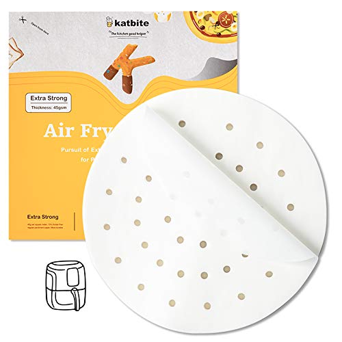 katbite 120 stuks 7,5 inch Heavy Duty Air Fryer Liners Perkamentpapier, rond geperforeerd perkamentpapier voor heteluchtfriteuse, gebruik voor 3,3 L 3,7 L Air Fryers, bamboe, metalen stoomboot