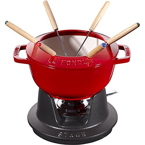 STAUB Fondueset met 6 vorken, geschikt voor kaas-, chocolade- en vleesfondue, gietijzer, kersenrood, 18 cm