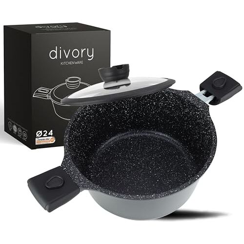 DIVORY Grote kookpot 24cm 4L pot met deksel, groentepot inductie, soeppot met afneembare handvaten, vleespot hoog