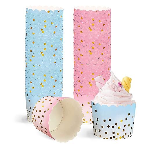 JSUOEO 100 stuks muffinvormpjes papier, mini muffin cases, cupcake-vormen, papieren vormen voor muffins (roze + blauw)