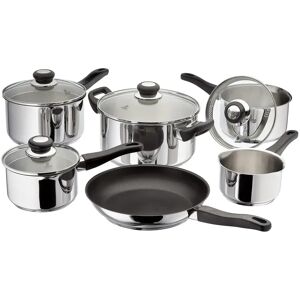 Judge Vista, 6 Piece Stainless Steel Saucepan Set with Glass Drainng Lids, 14cm Milk Pan, 16/18/20cm Saucepans, 24cm Casserole & 26cm Non-Stick Frying gray